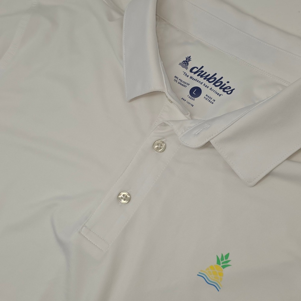 Chubbies Range Polo Shirt Men's L White Pineapple Logo Golf Stretch Tech Casual